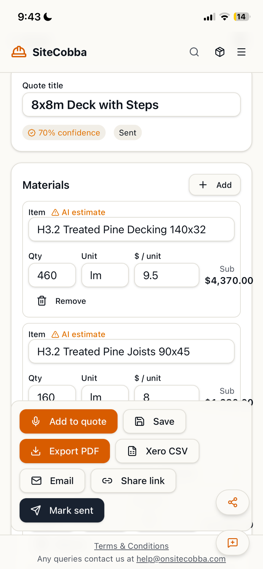 AI-generated itemised quote in SiteCobba